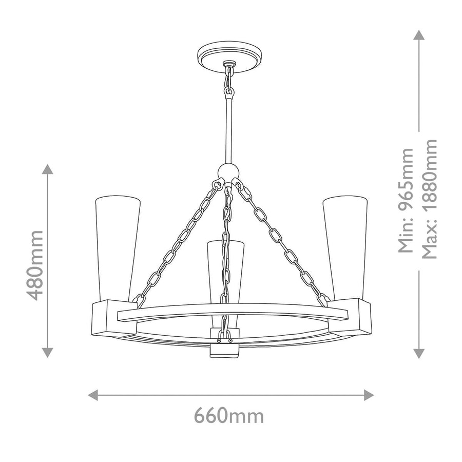 Schéma coté du lustre avec hauteur minimale et maximale, largeur et hauteur hors tout.