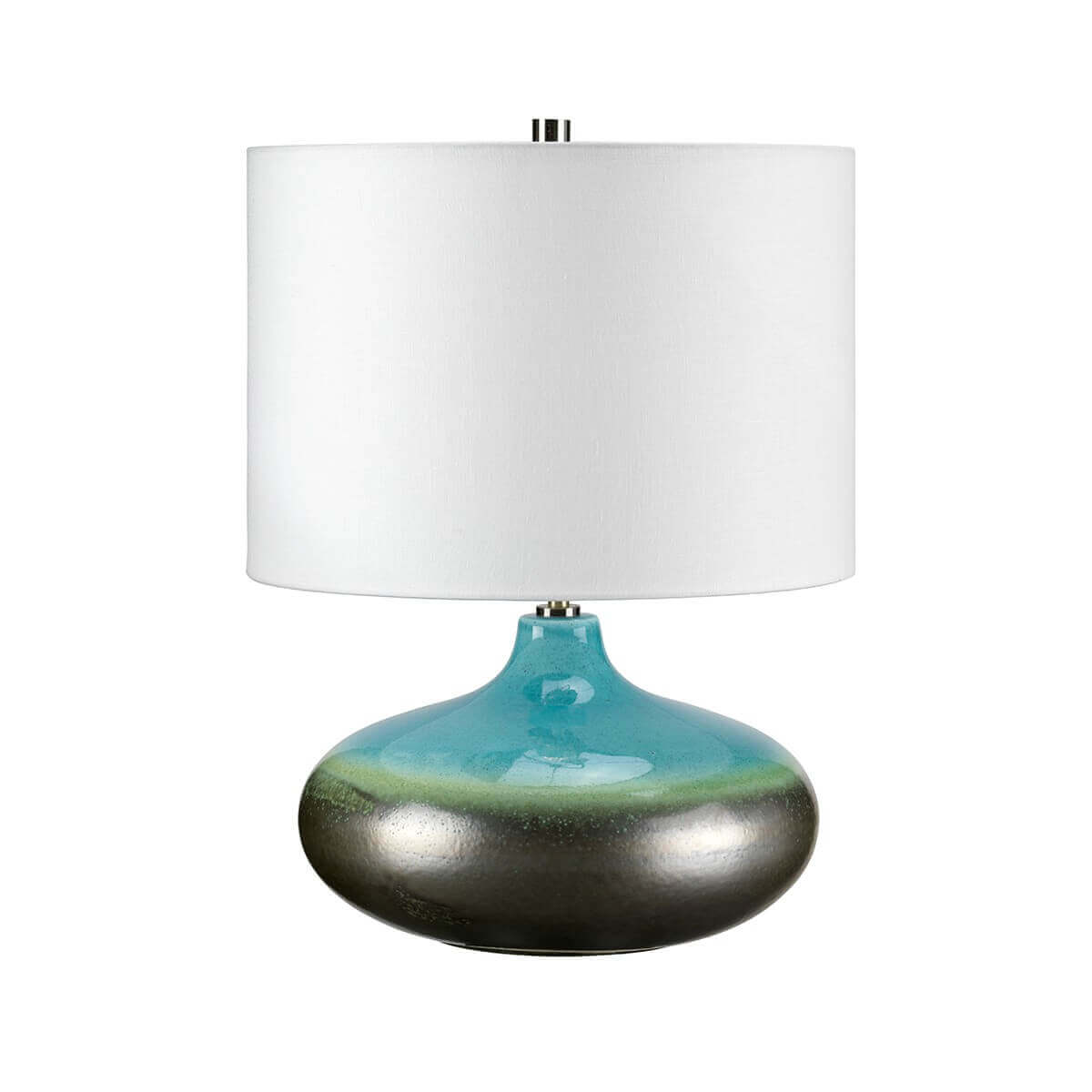 Lampe à poser vue de face, abat-jour blanc et base en porcelaine bleue et anthracite