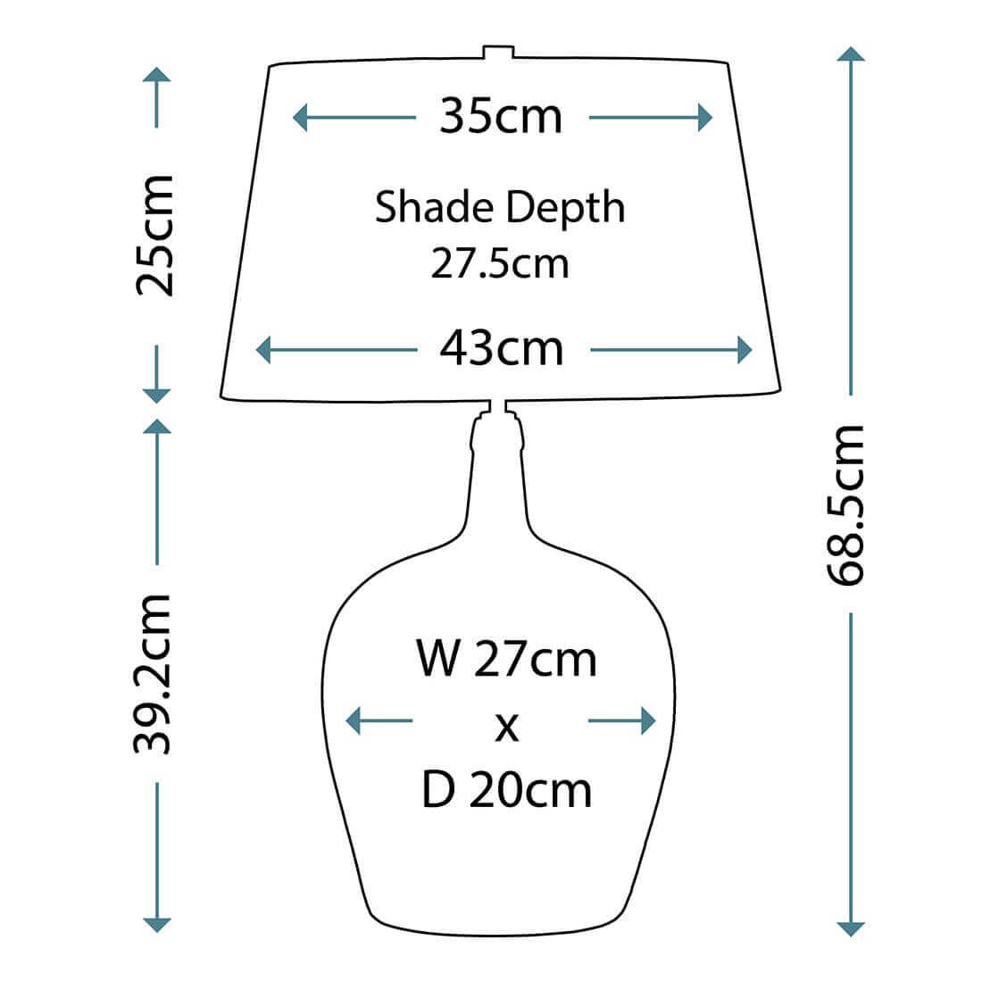 Schéma coté du luminaire avec hauteur, largeur et profondeur indiquées en centimètres