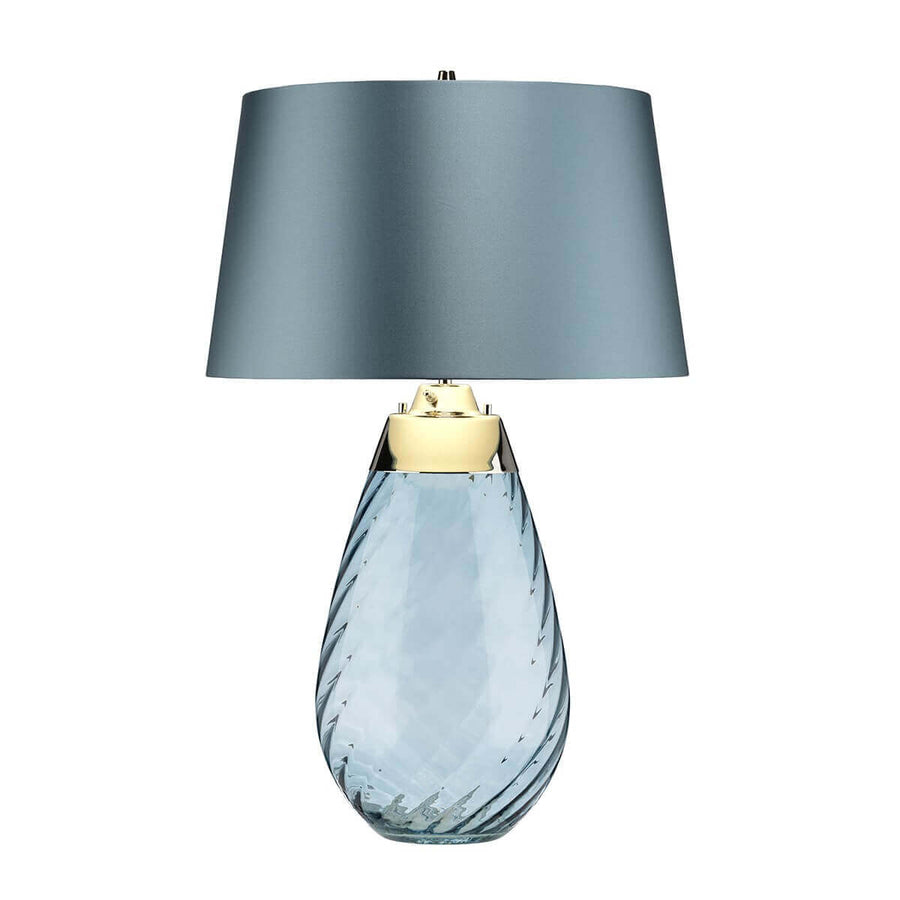 Variante dorée du pied en verre goutte sous abat-jour conique bleu
