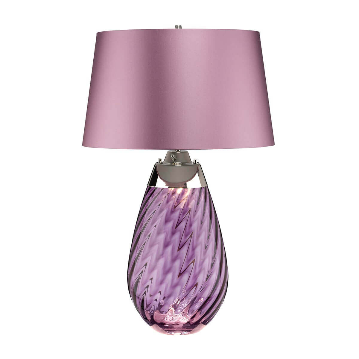 Lampe à poser de face, abat-jour rose et base en verre violet
