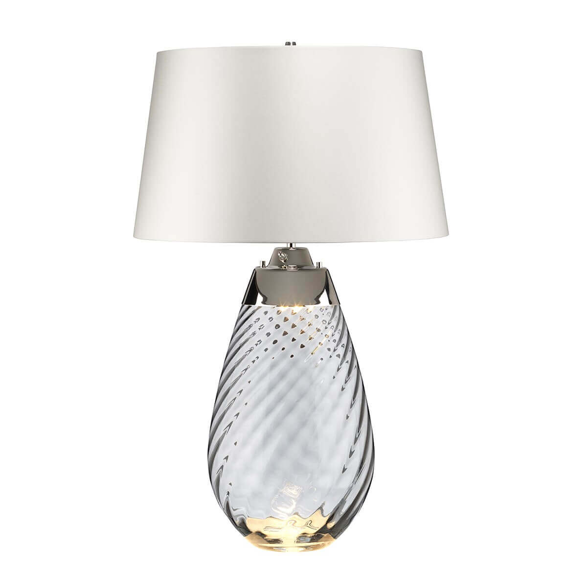 Lampe à poser de face, abat-jour blanc et base en verre fumé sur fond blanc