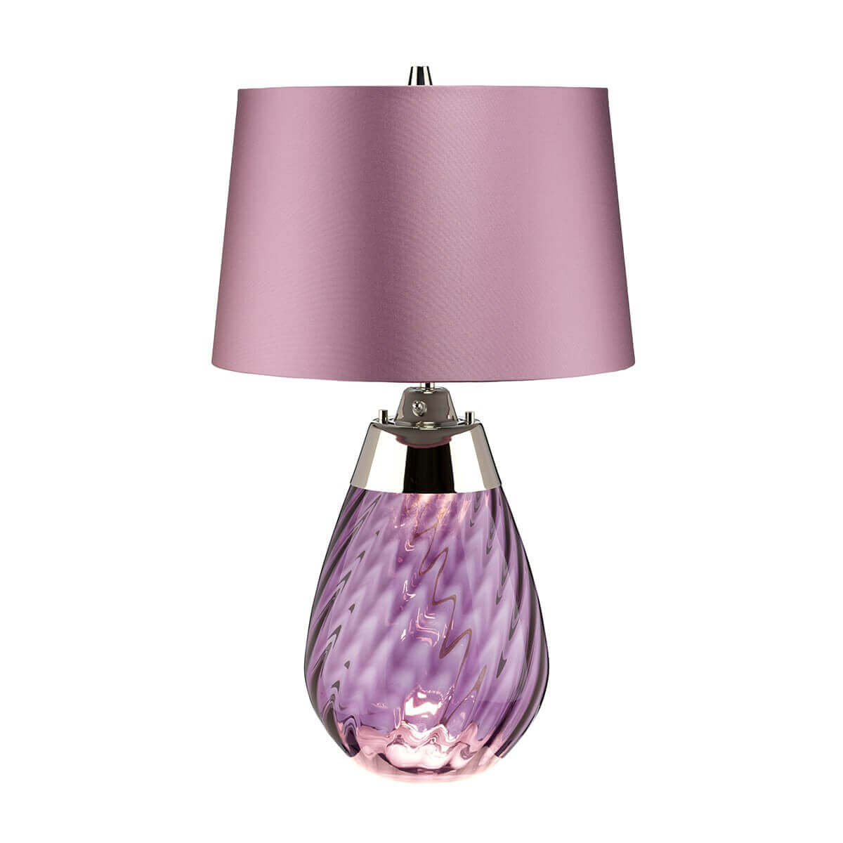 Lampe à poser de face, abat-jour rose et base en verre violet goutte