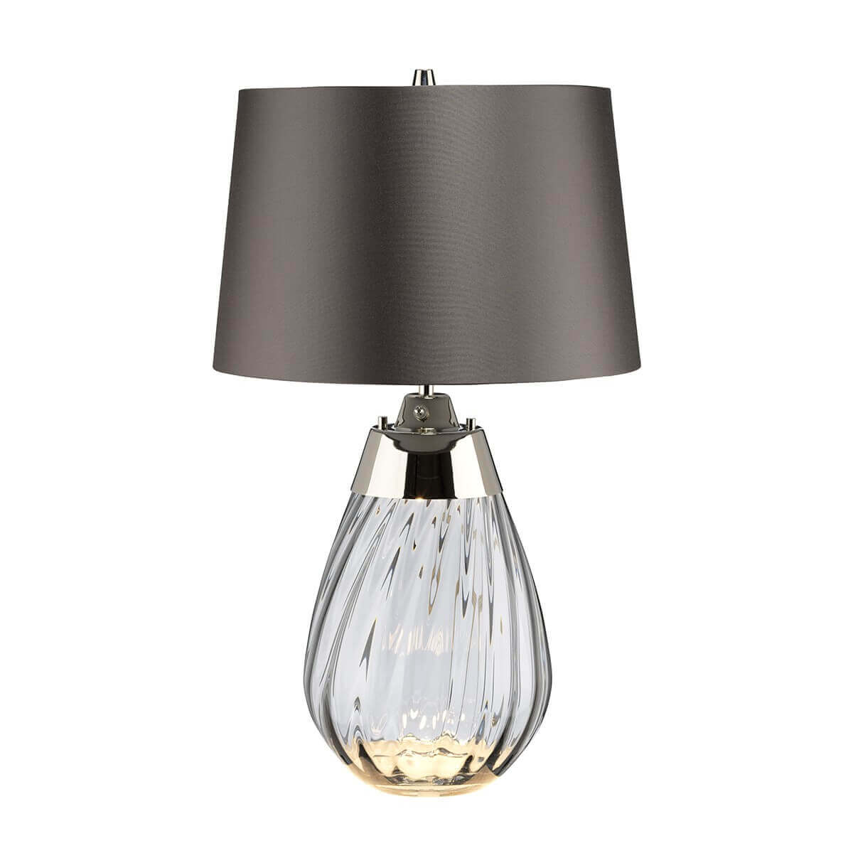 Lampe à poser en verre fumé et abat-jour gris, vue de face sur fond blanc