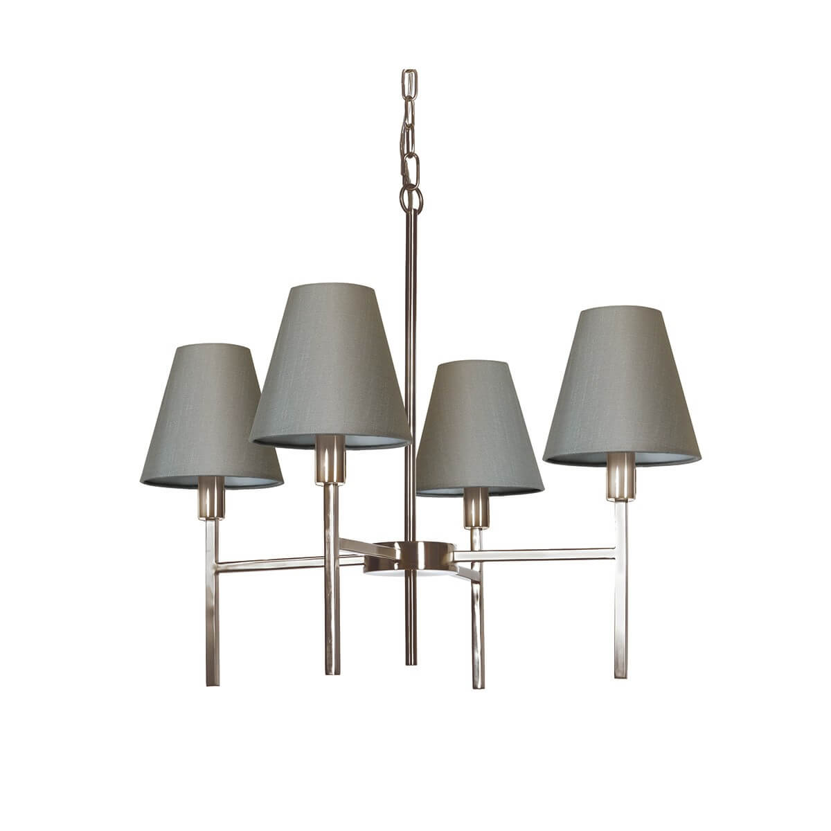 Lustre quatre lumières, abat-jours coniques gris et structure en nickel satiné vue de face
