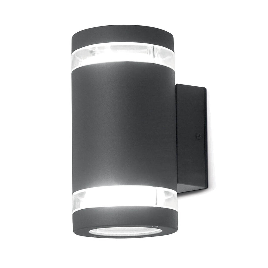 Vue de face de l'applique murale cylindrique anthracite avec ses deux bandes de verre