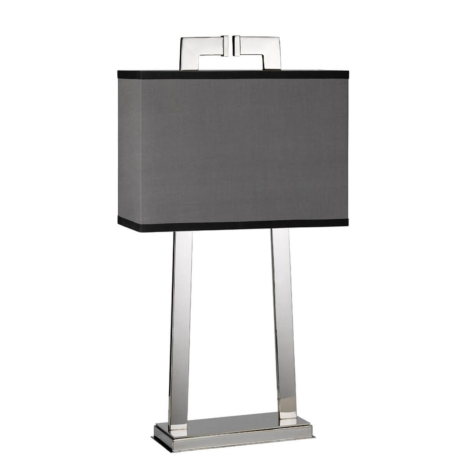 Vue avant du luminaire avec abat-jour rectangulaire gris éteint et pied nickel.