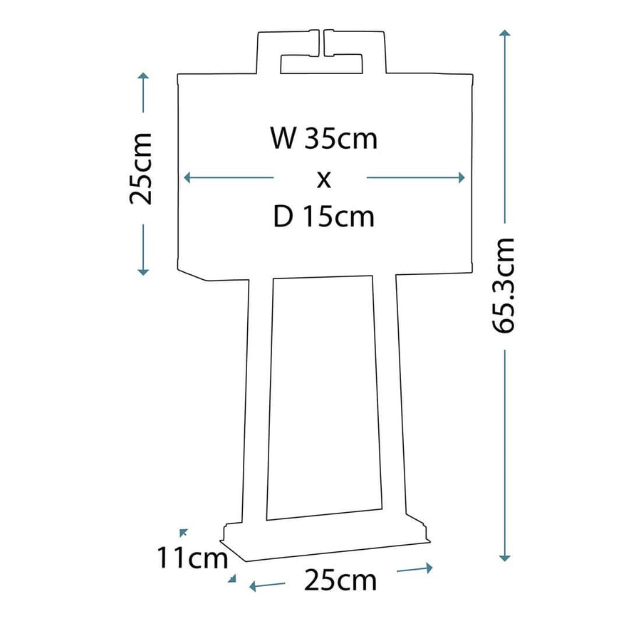 Schéma dimensionnel de la lampe avec hauteur 65,3 cm et abat-jour 35 cm.