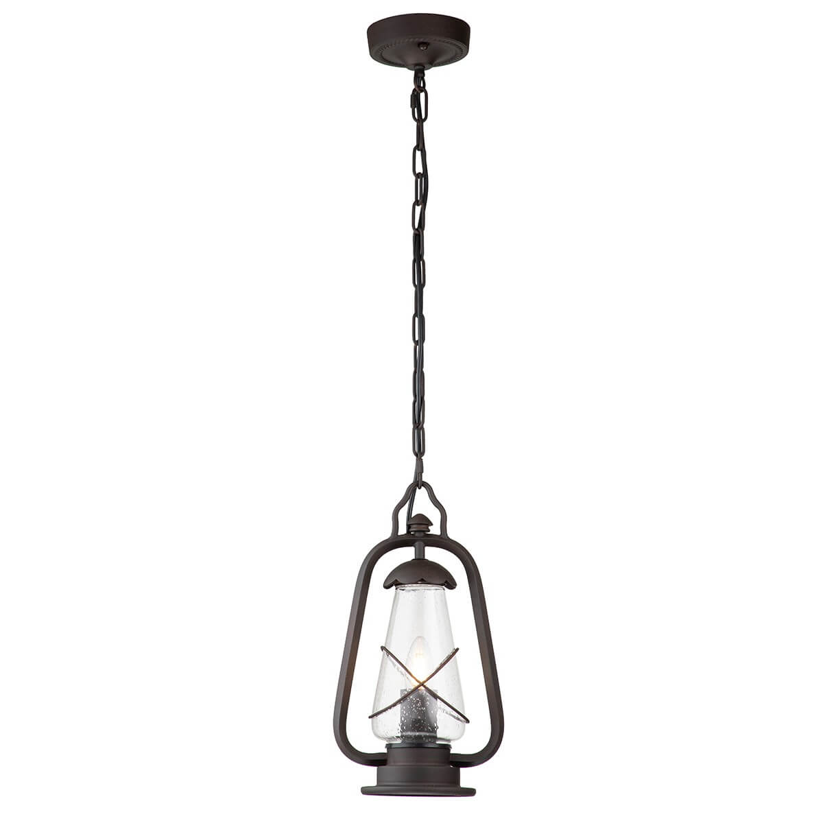 Suspension lanterne en métal bronze avec chaîne et verre transparent.