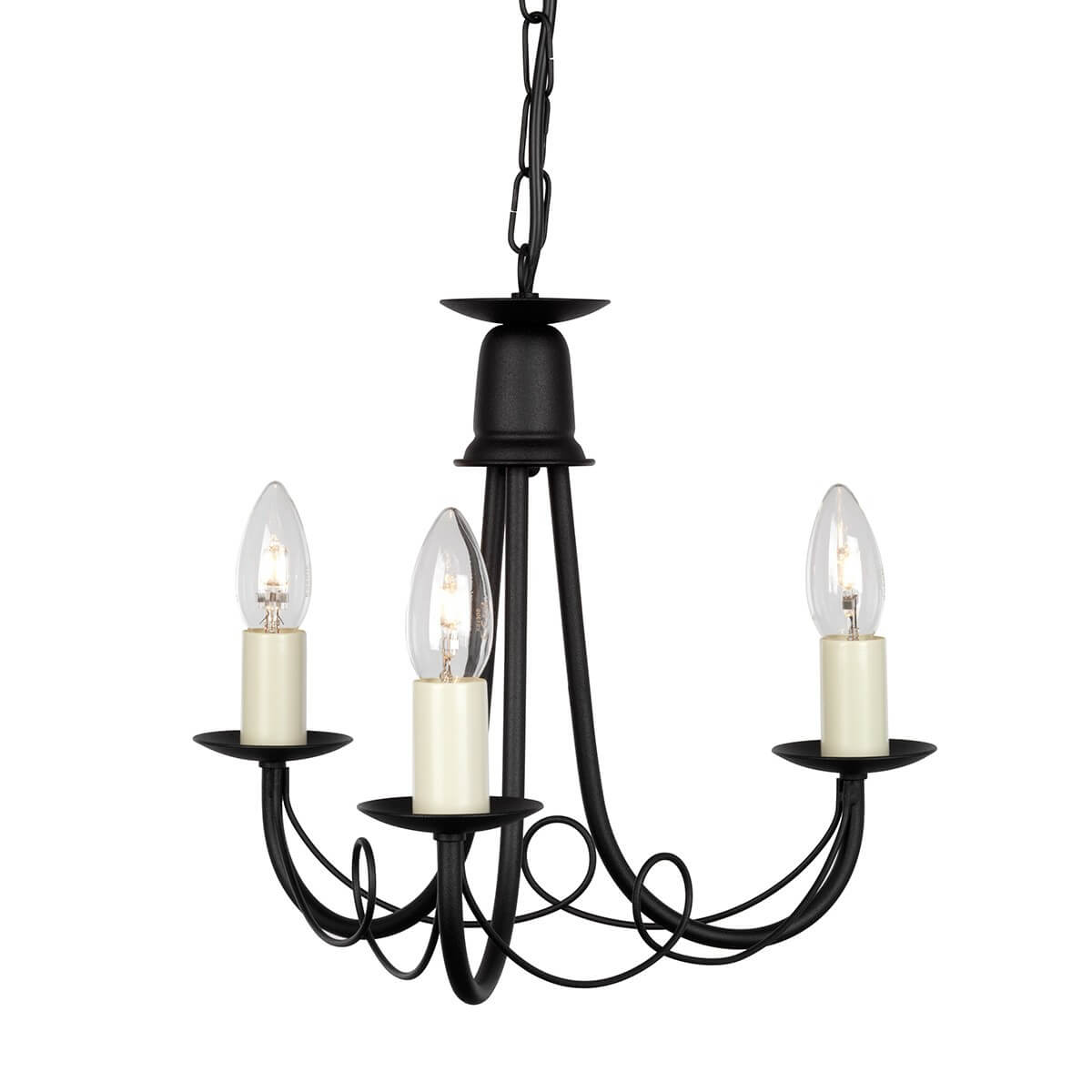 Lustre noir trois lumières vu de face sur fond blanc