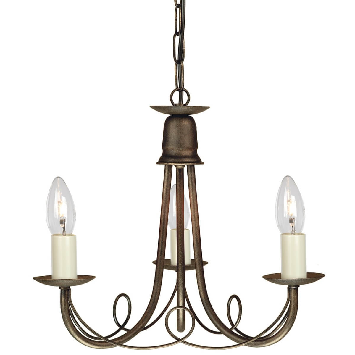Lustre trois feux de face avec ampoules transparentes et finition noir et doré