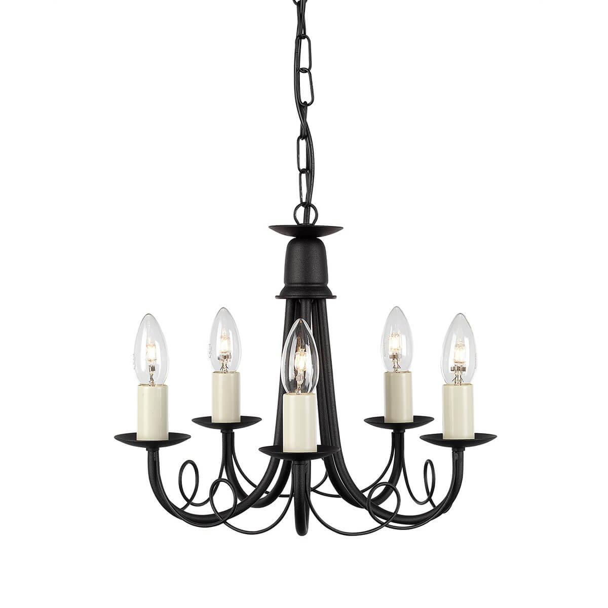 Lustre noir suspendu à chaîne, cinq bras courbes et douilles bougies, vue de face