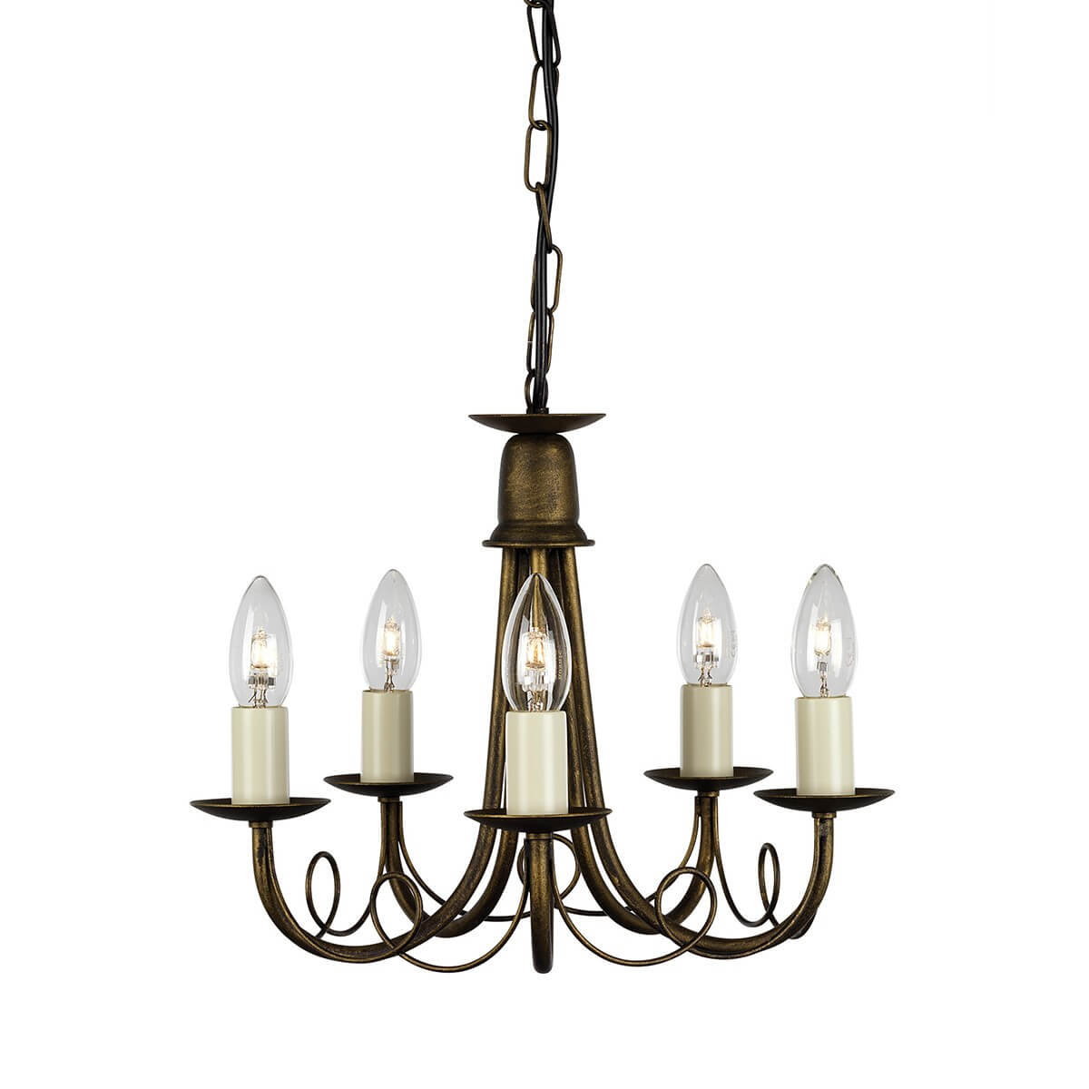 Lustre cinq lumières noir et doré suspendu, face, sur fond blanc.