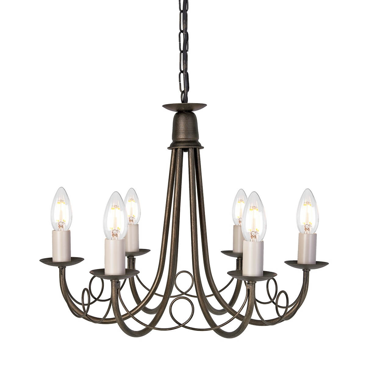 Lustre noir et doré à six lumières vu de face sur fond blanc