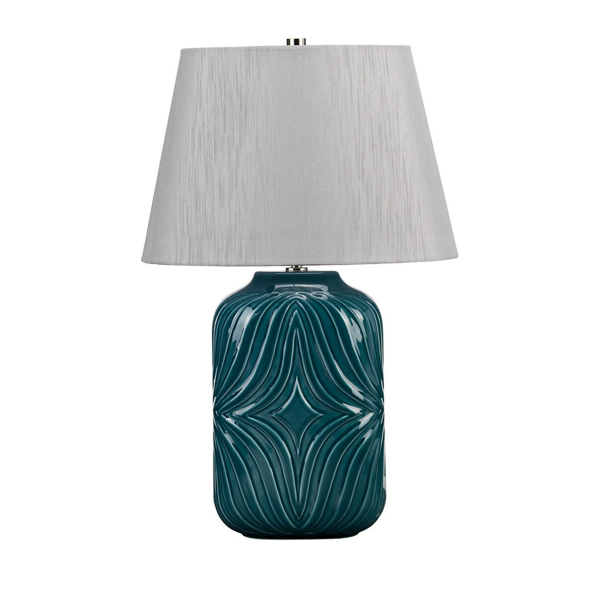 Lampe à poser turquoise et grise, base en porcelaine, vue de face sur fond blanc