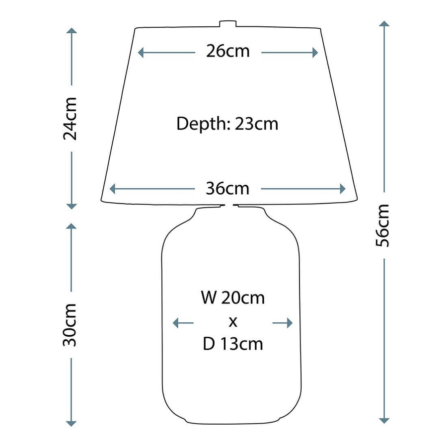 Schéma coté de la lampe avec dimensions du socle, de l'abat-jour et hauteur totale