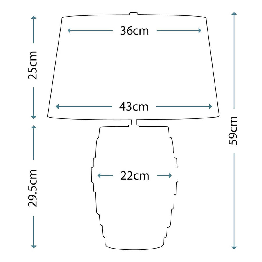 Schéma technique coté indiquant 59 cm de hauteur totale et 43 cm de diamètre