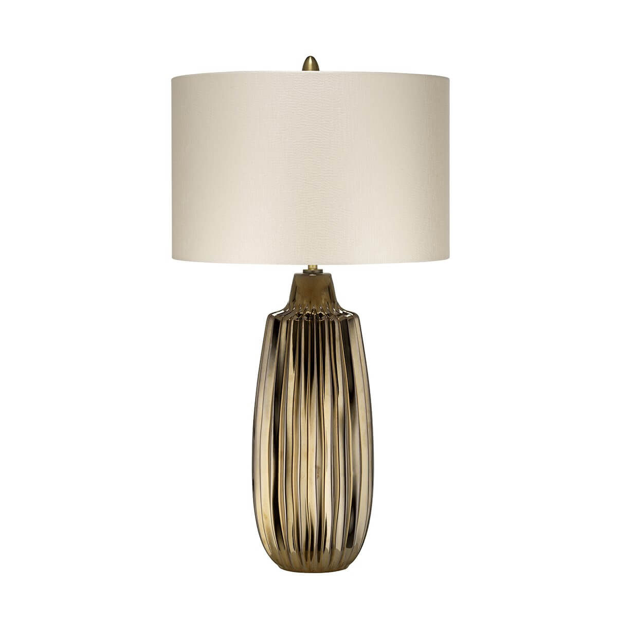 Lampe à poser de face, base en céramique bronze et abat-jour tambour ivoire