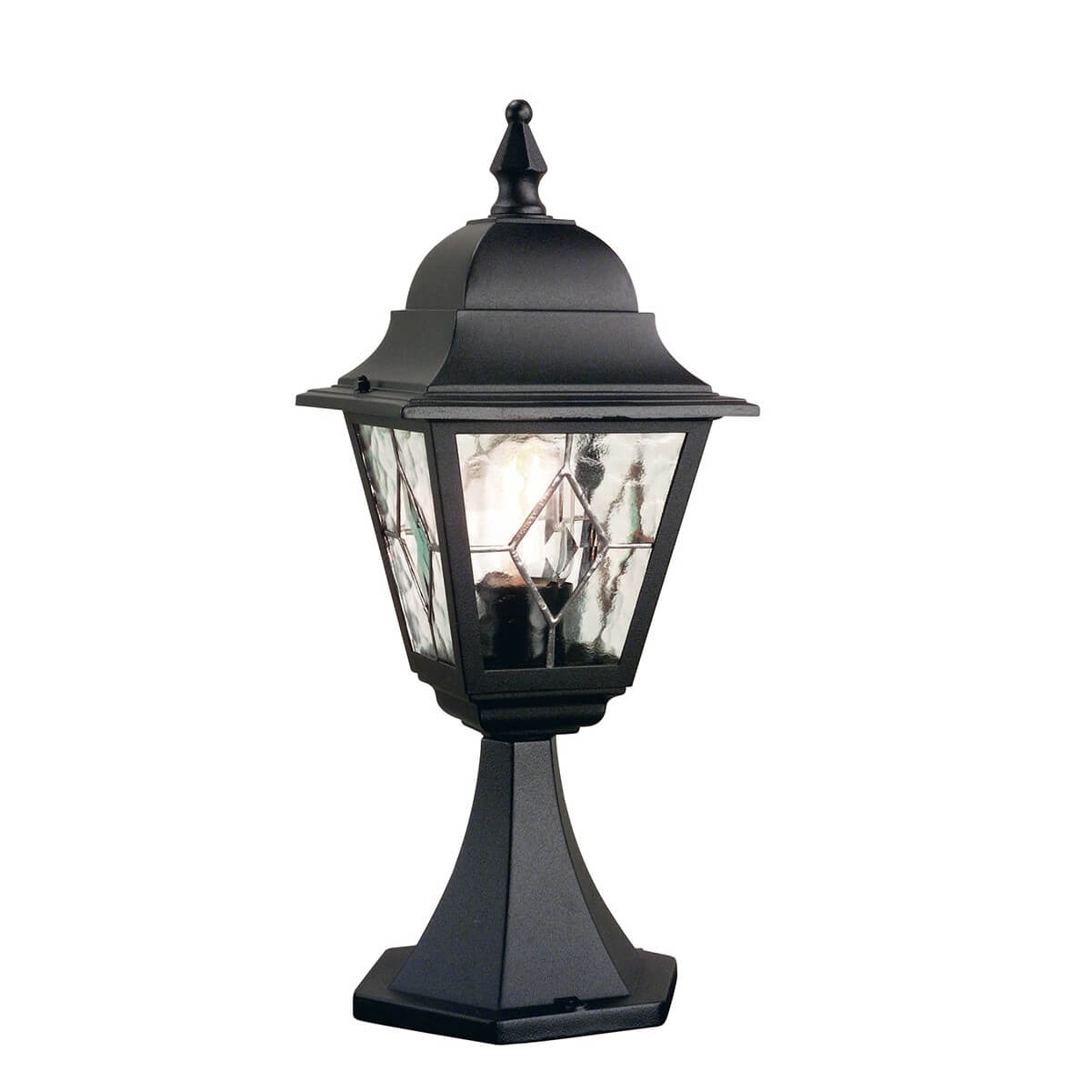 Lampadaire extérieur noir de face, lanterne en verre et pied mouluré, fond blanc