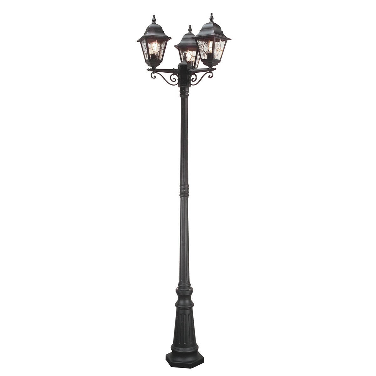 Lampadaire extérieur noir à trois lanternes en verre, vue de face sur fond blanc