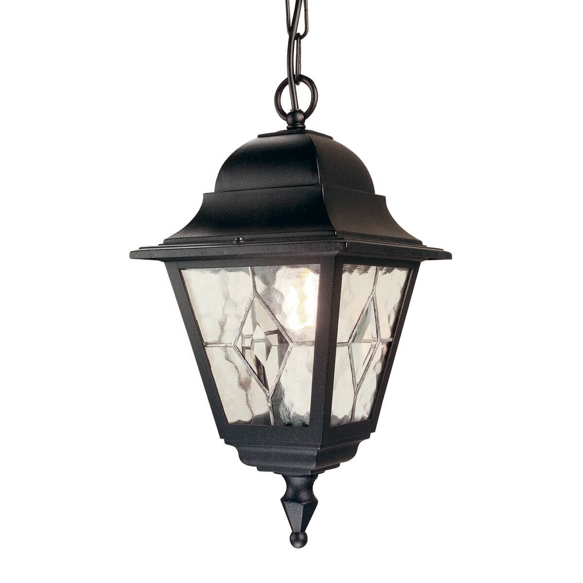 Suspension extérieure noire de face, lanterne hexagonale en verre martelé, chaîne apparente
