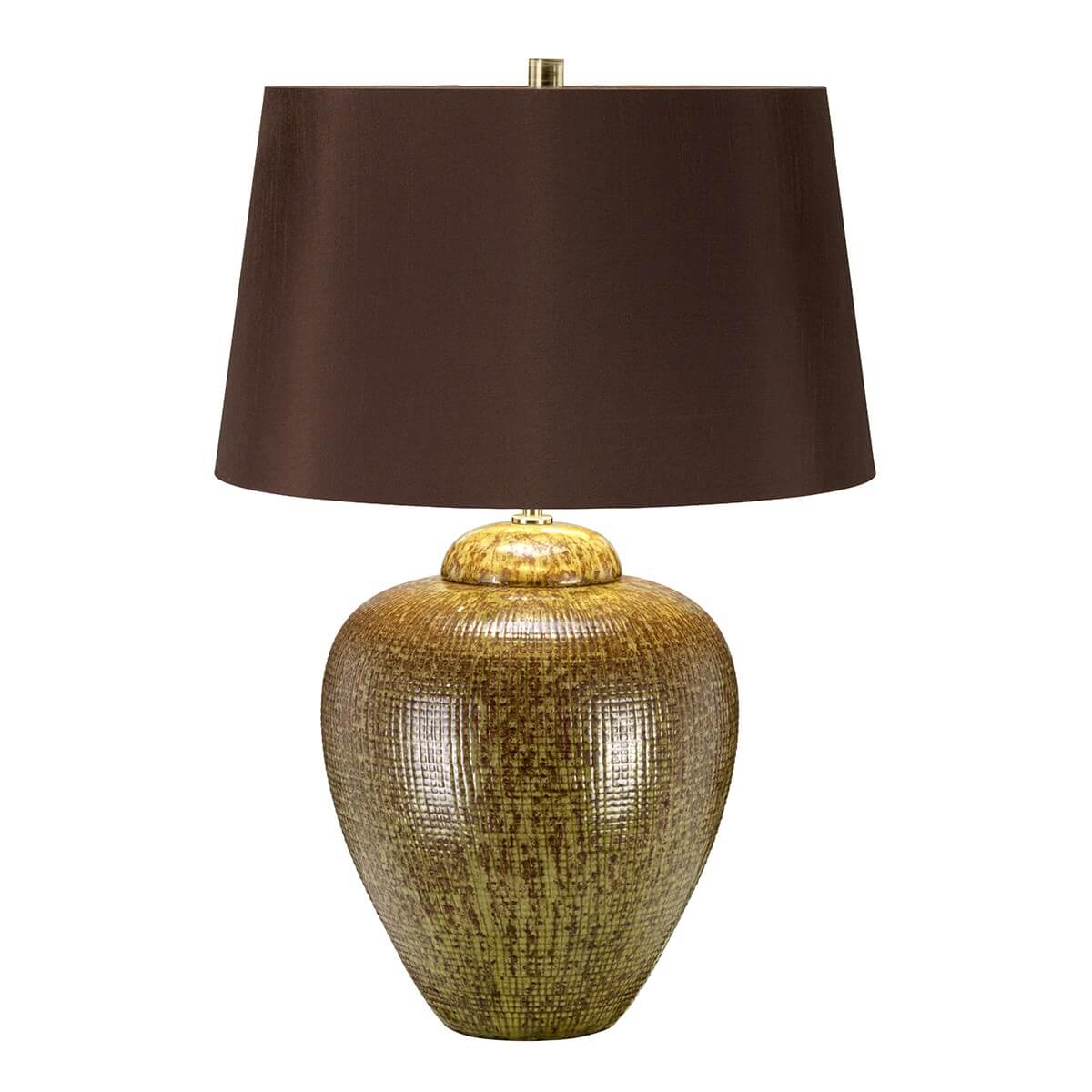 Lampe à poser de face, abat-jour marron et pied céramique vert texturé