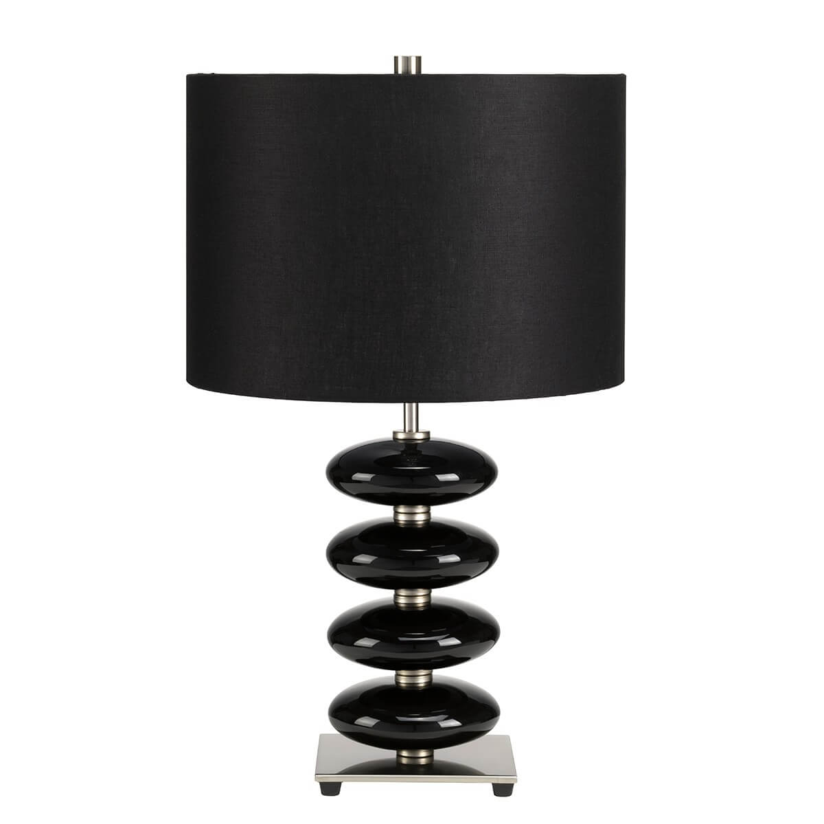Lampe à poser de face, abat-jour noir et base en porcelaine noire empilée