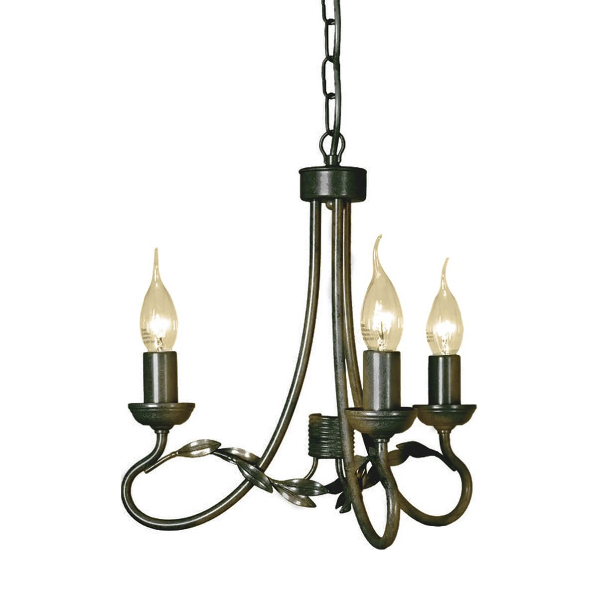 Lustre noir et doré trois lumières suspendu par chaîne, vue de face.