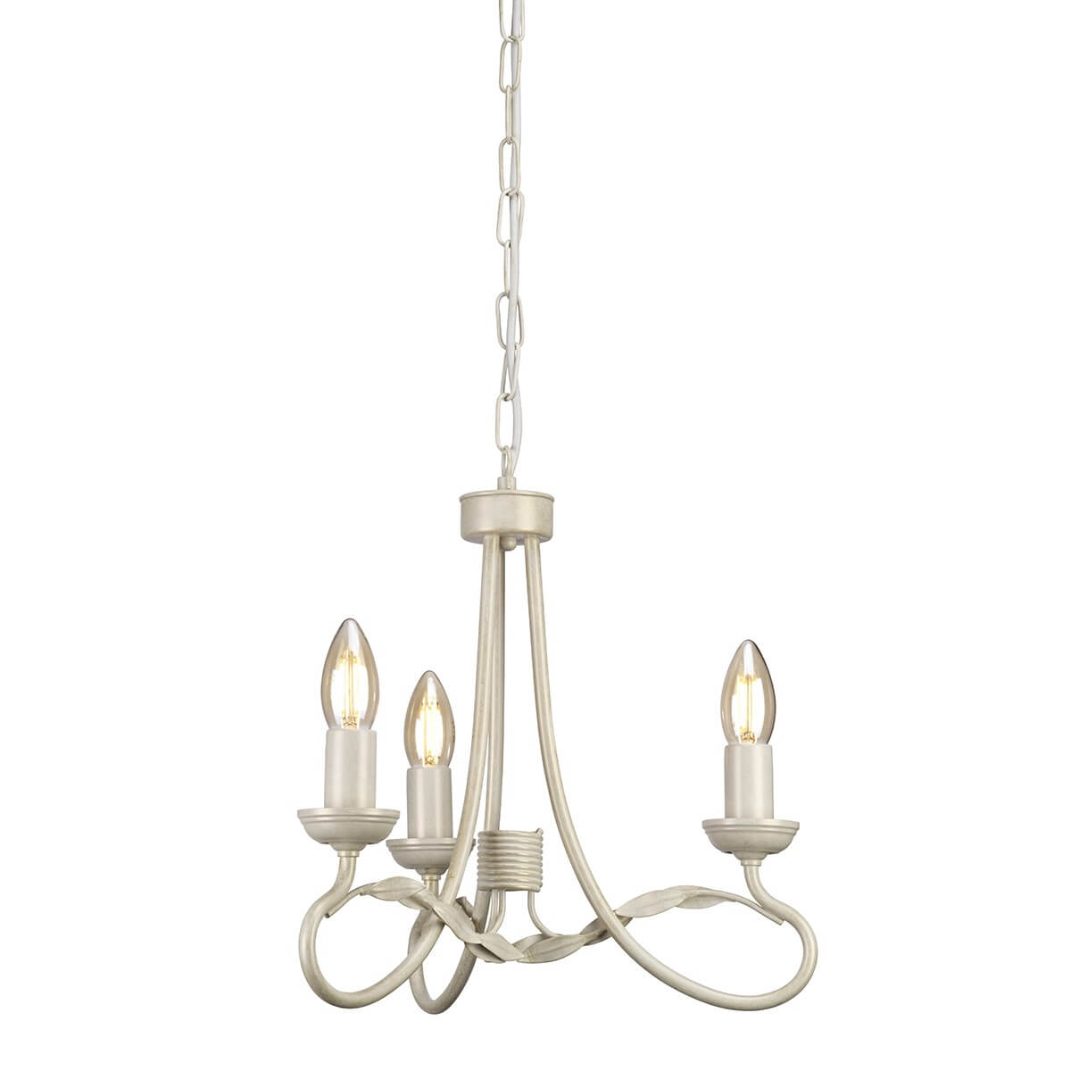 Lustre trois lumières crème et doré suspendu par une chaîne, vue de face.