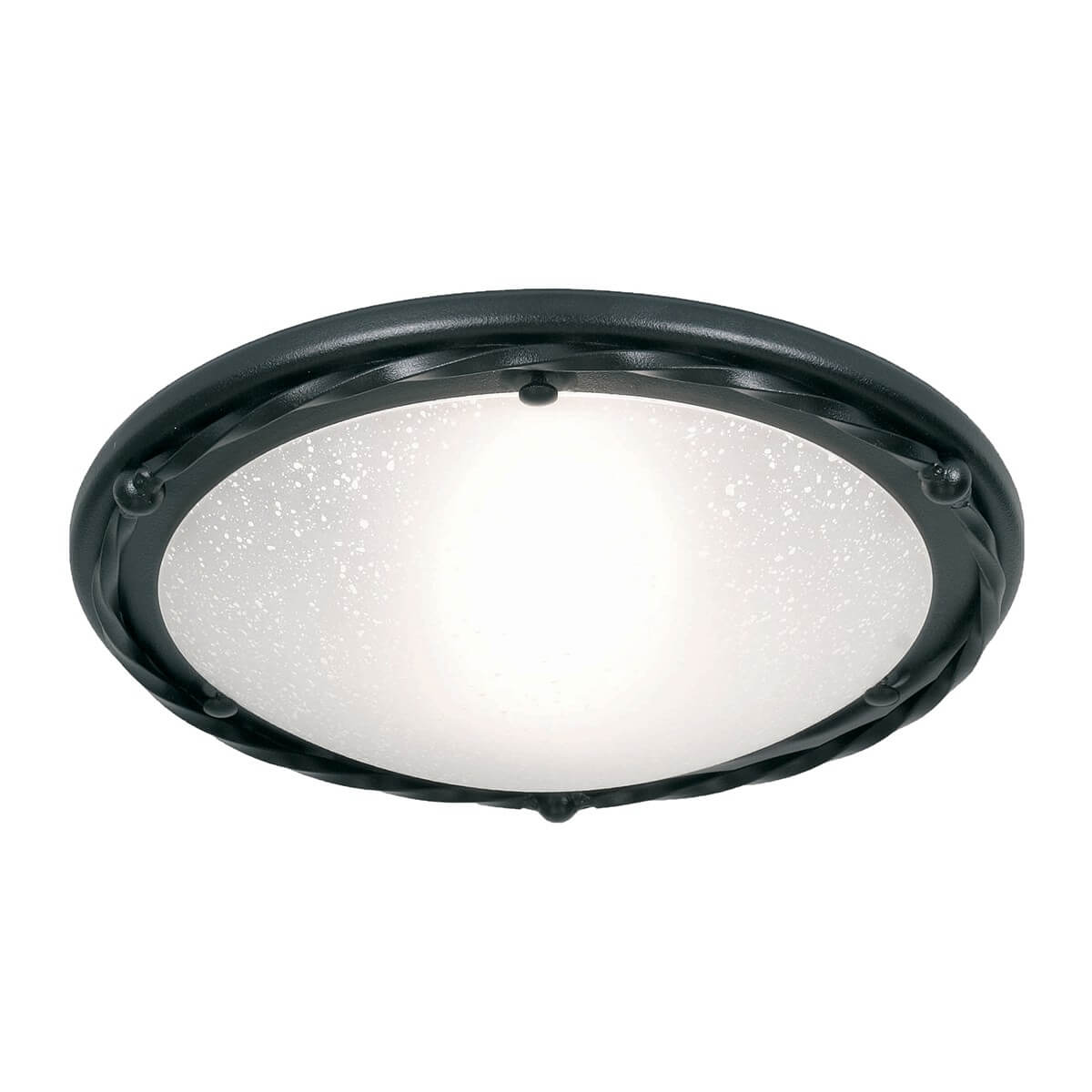 Plafonnier rond noir et vasque en verre dépoli moucheté, vue de face