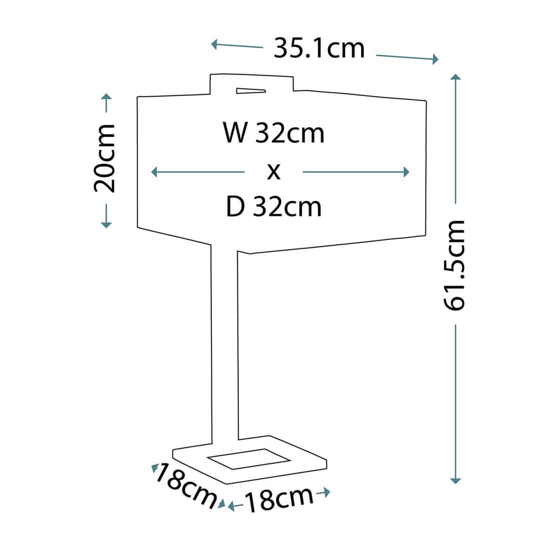 Schéma coté du luminaire : hauteur 61,5 cm, abat-jour 32 sur 32 cm