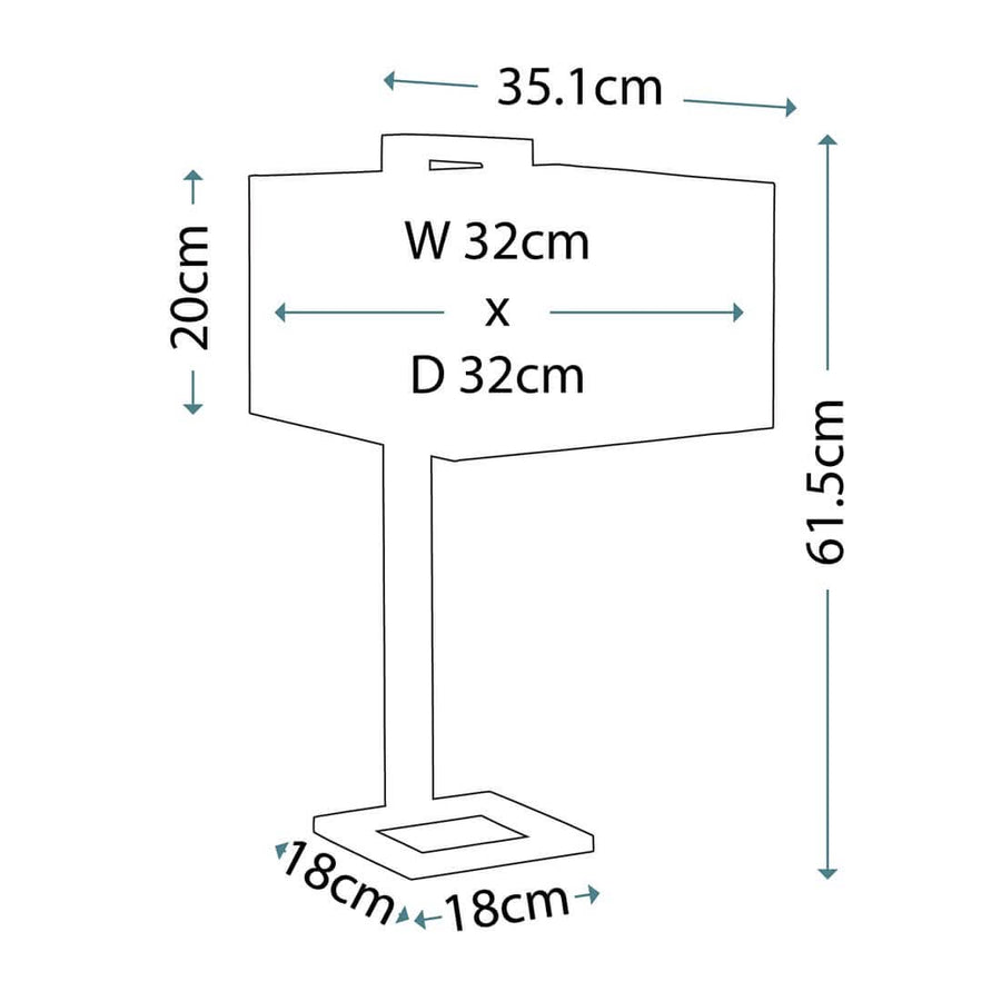 Schéma coté du luminaire : hauteur 61,5 cm, abat-jour 32 sur 32 cm