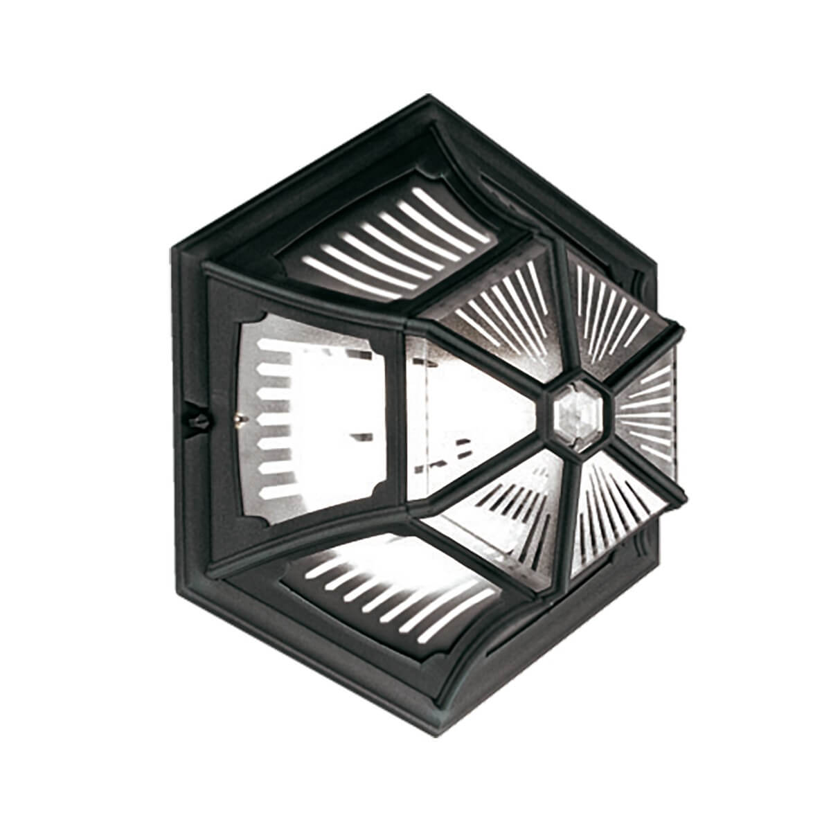 Vue de face inclinée du plafonnier hexagonal noir avec verre gravé.