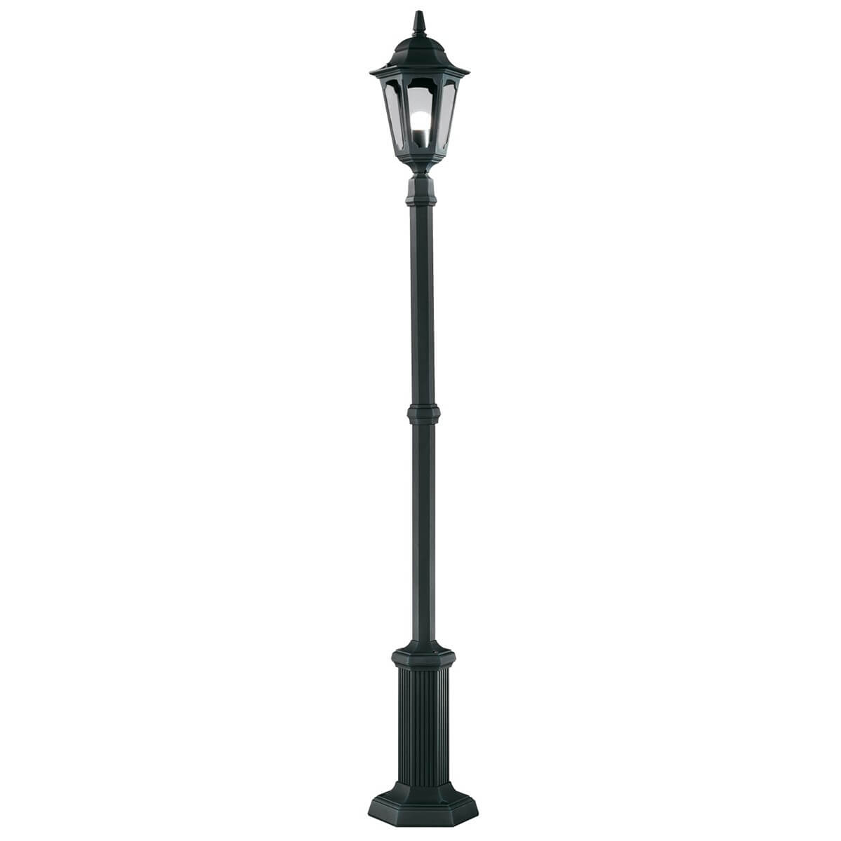 Lampadaire extérieur noir vu de face sur fond blanc, lanterne à verre et long fût.