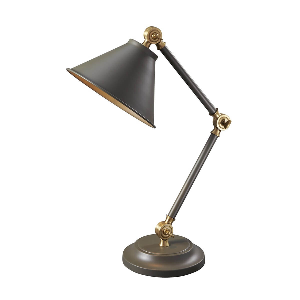 Lampe à poser articulée vue de trois quarts, abat-jour conique gris et bras en laiton vieilli
