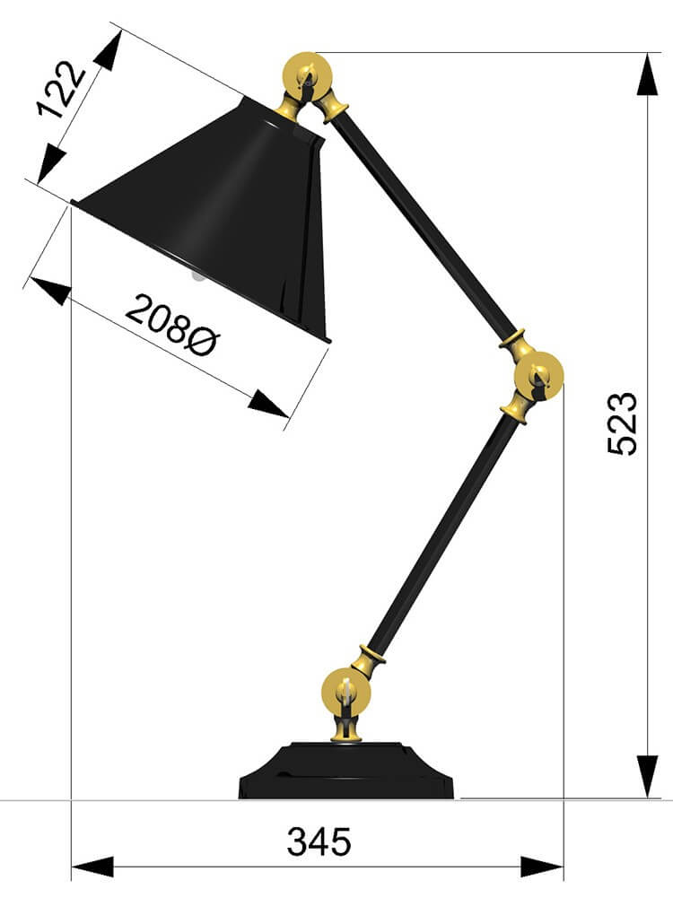 Schéma technique avec dimensions : hauteur 523 mm, largeur 345 mm, abat-jour 208 mm