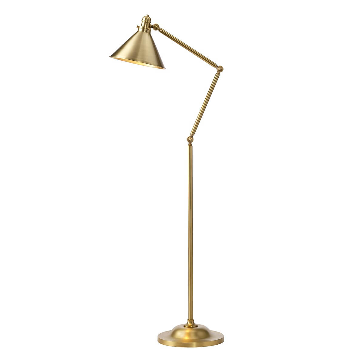 Lampadaire en laiton vieilli avec bras articulé et abat-jour conique, vue de face.