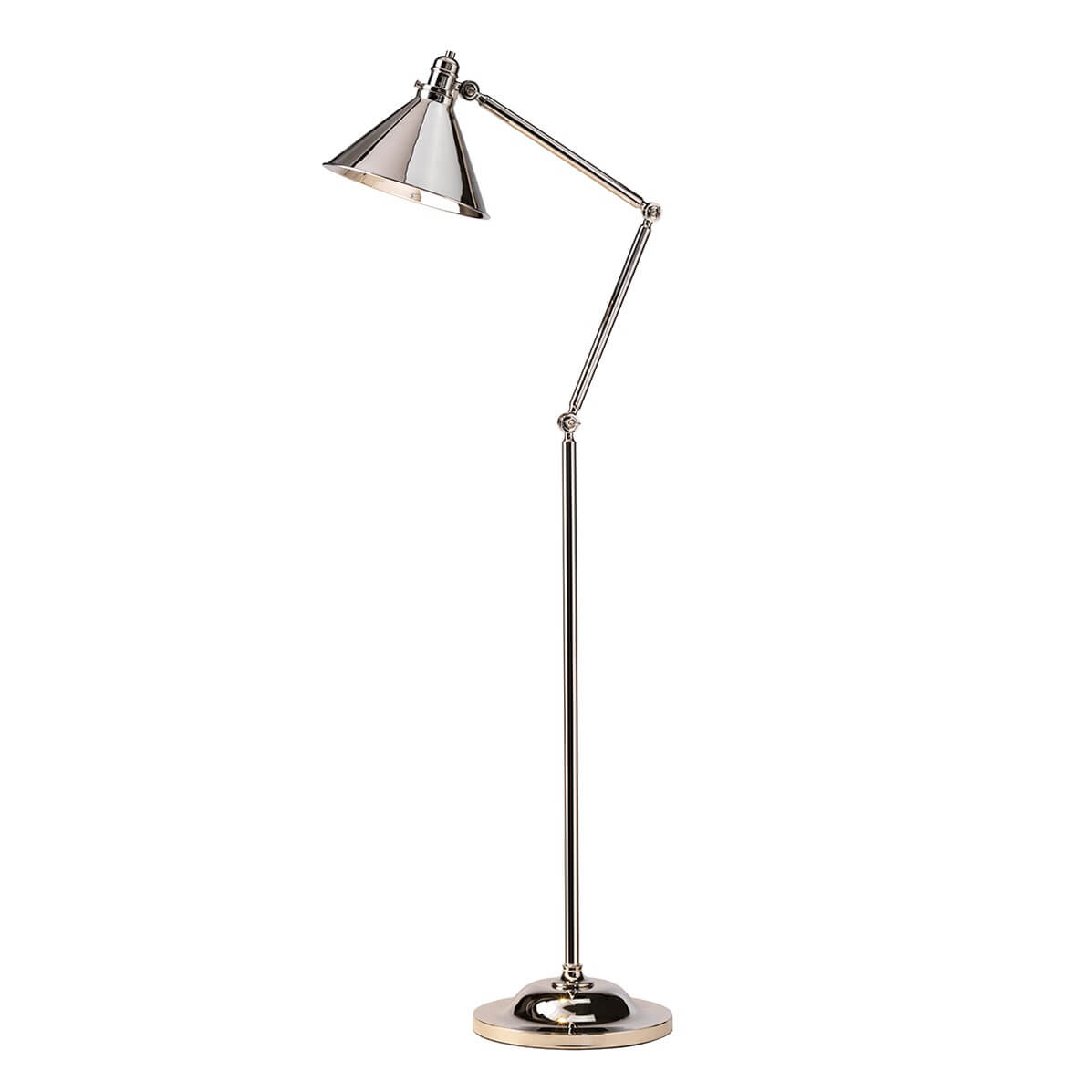 Lampadaire à bras articulé et abat-jour conique en nickel poli, présenté de face.