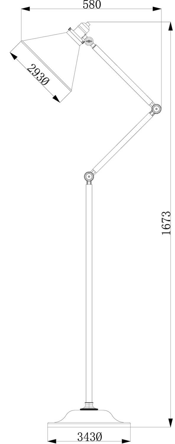 Schéma technique coté du lampadaire avec hauteur et largeur en millimètres.