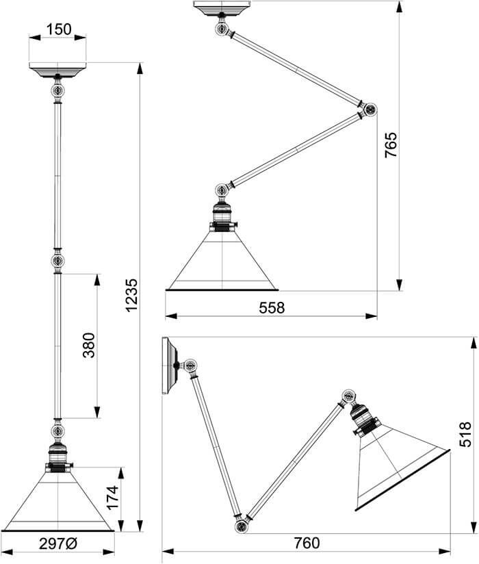 Schéma de dimensions du luminaire avec hauteurs et largeurs en millimètres