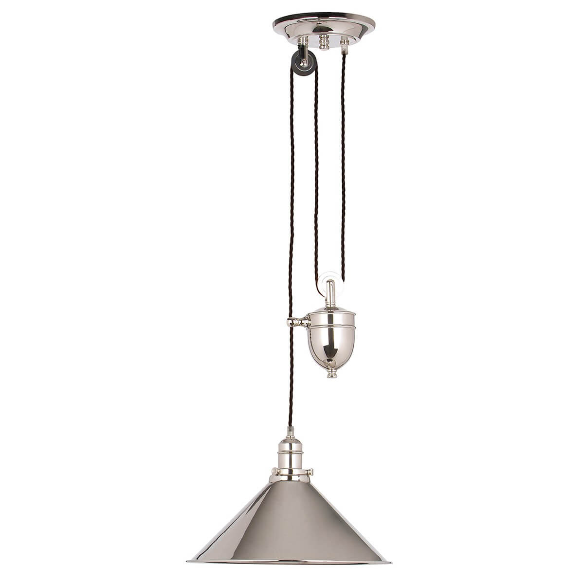Suspension complète en nickel poli avec poulie, rose et grand abat-jour conique.