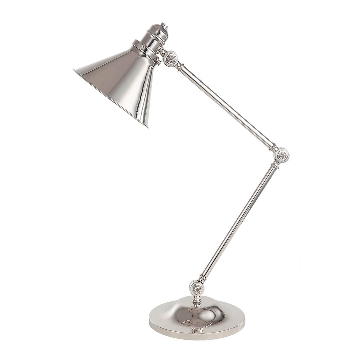 Vue d'ensemble de la lampe articulée en nickel poli sur fond blanc.