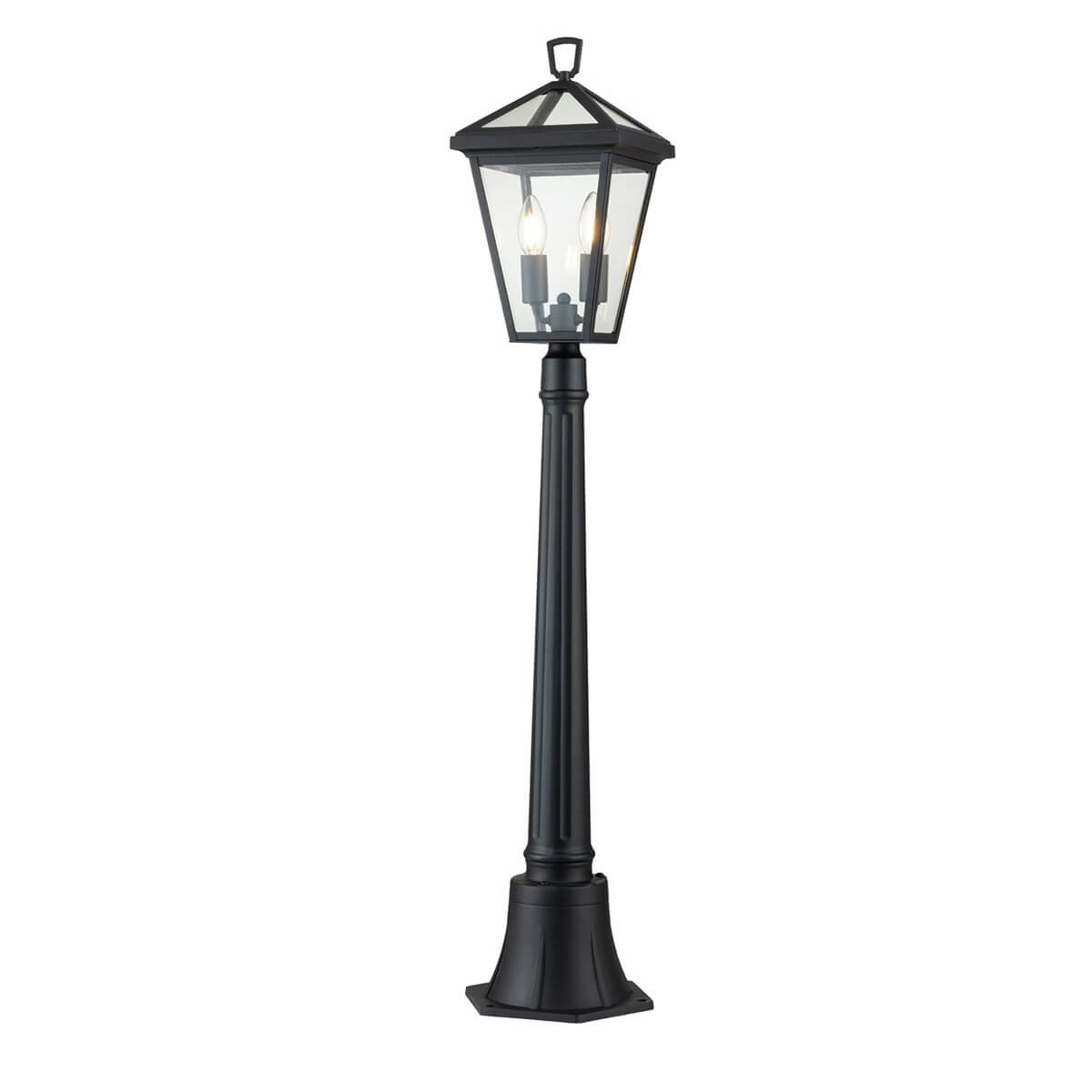 Lampadaire extérieur noir de face, lanterne en verre transparent sur pied cylindrique.