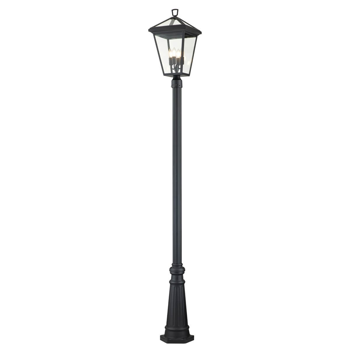 Lampadaire extérieur noir complet avec lanterne en verre transparent et pied stable, vue de face.