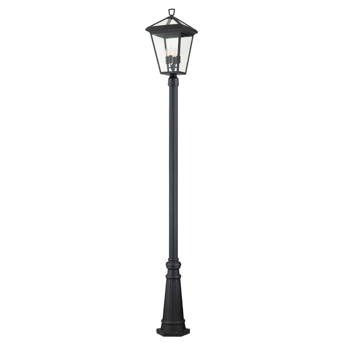 Seconde vue d'ensemble du lampadaire extérieur noir, lanterne rectangulaire et structure en métal.