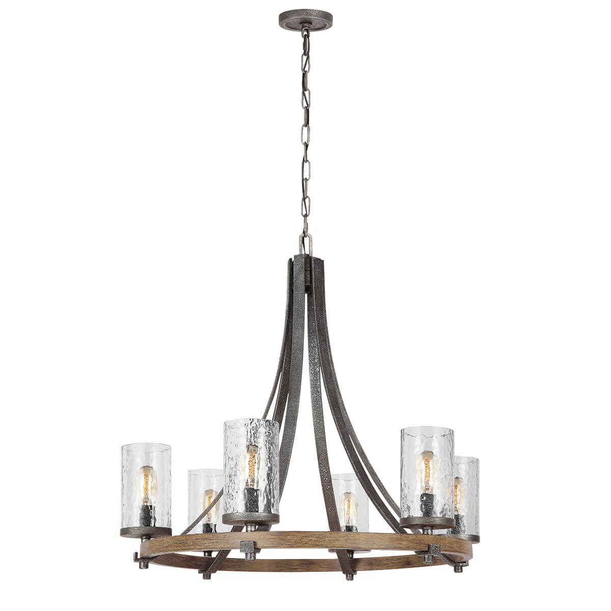 Lustre suspendu à six lumières, verre clair et large cercle en bois, vue de face