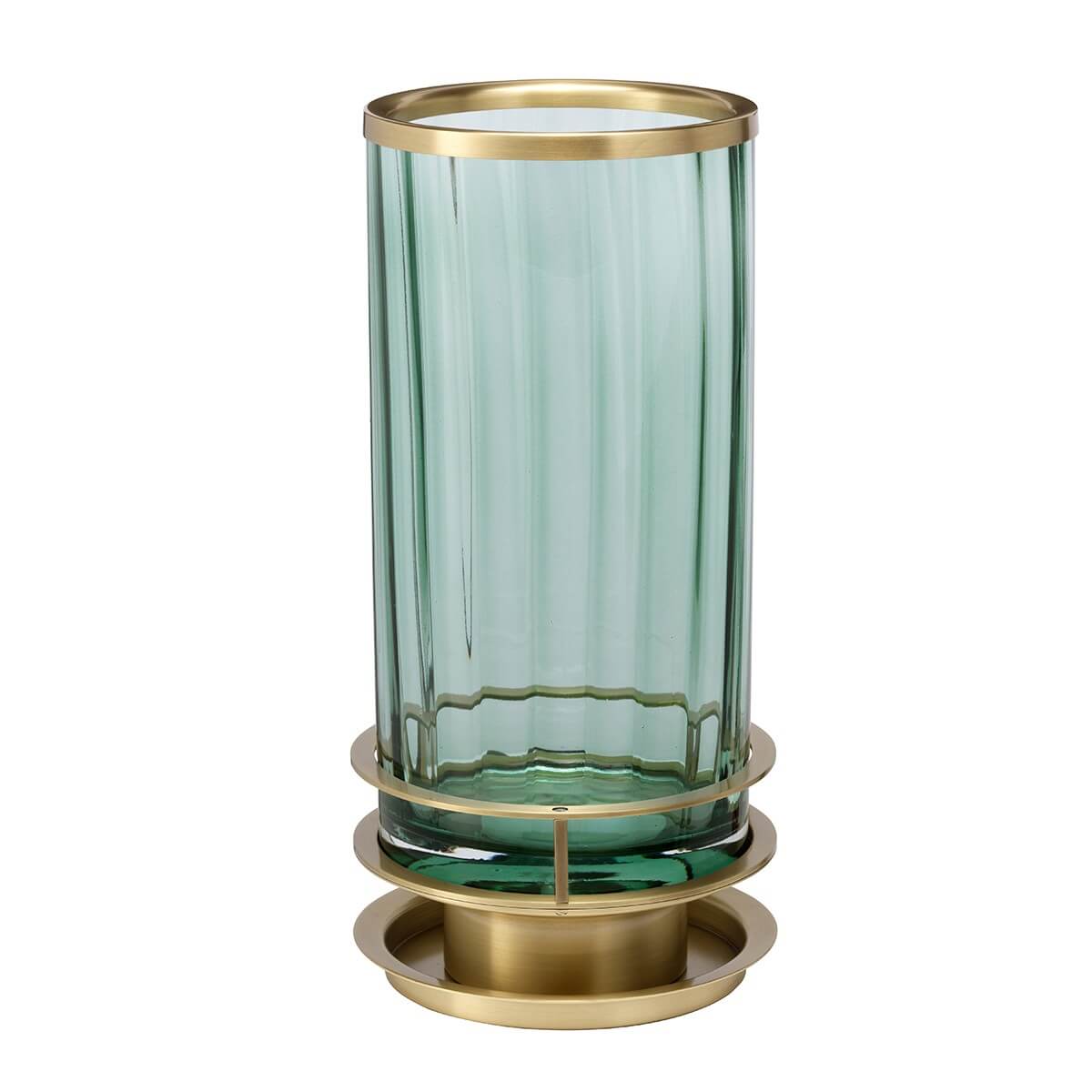 Vue frontale serrée de la lampe verte et laiton, dévoilant sa silhouette cylindrique élancée.