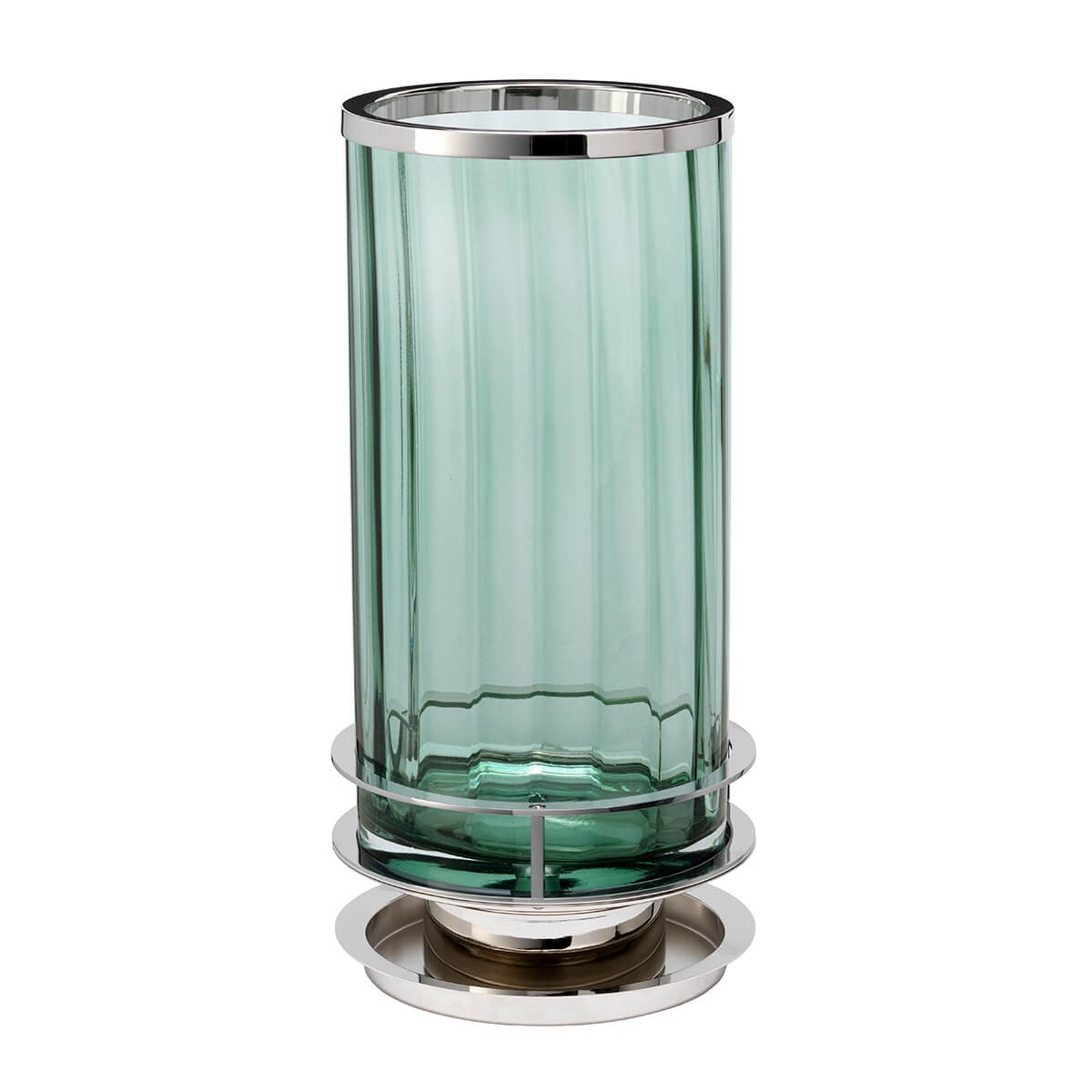 Seconde vue du luminaire montrant le cylindre de verre vert et sa base chromée.