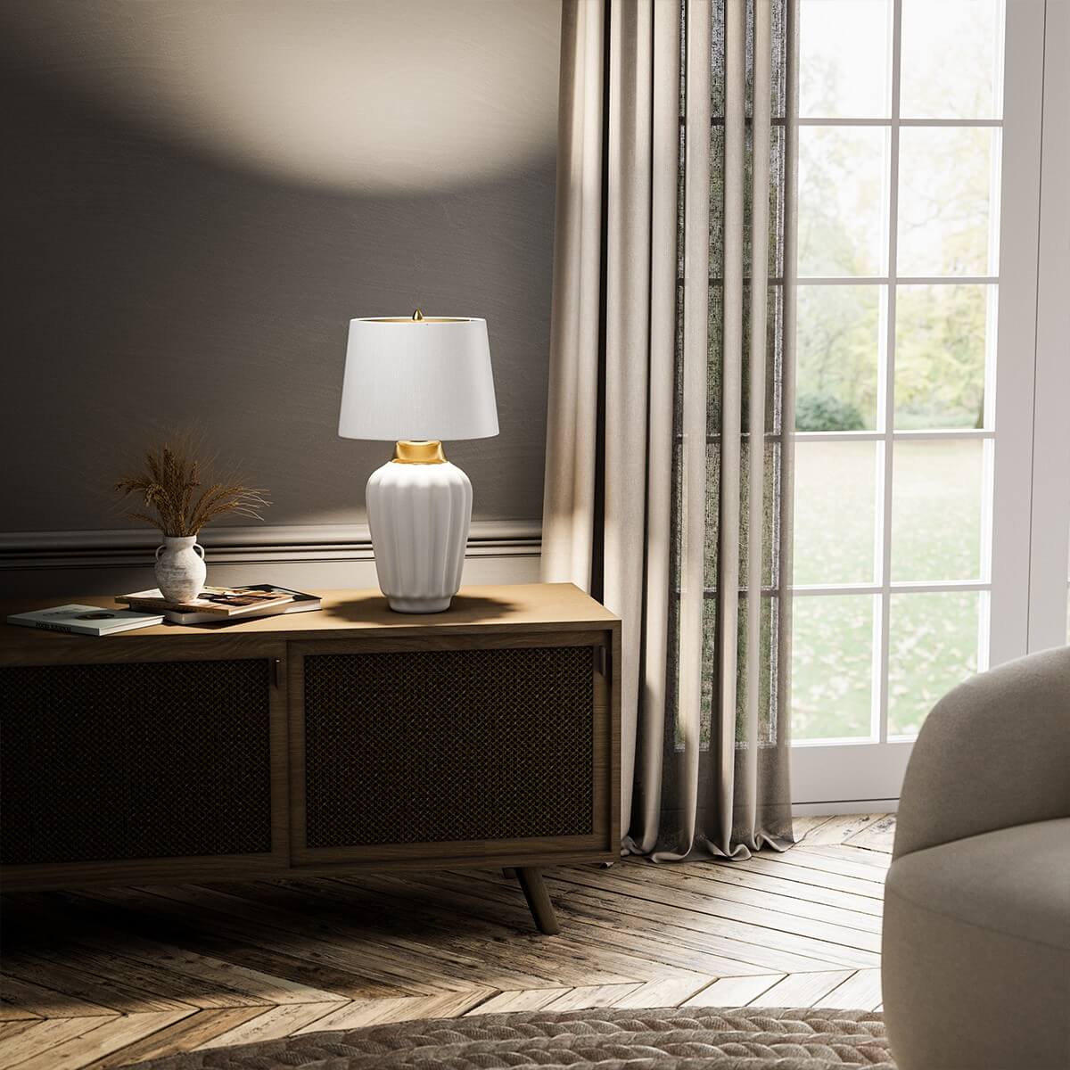 Lampe à poser Bexley blanche et laiton brossé, céramique