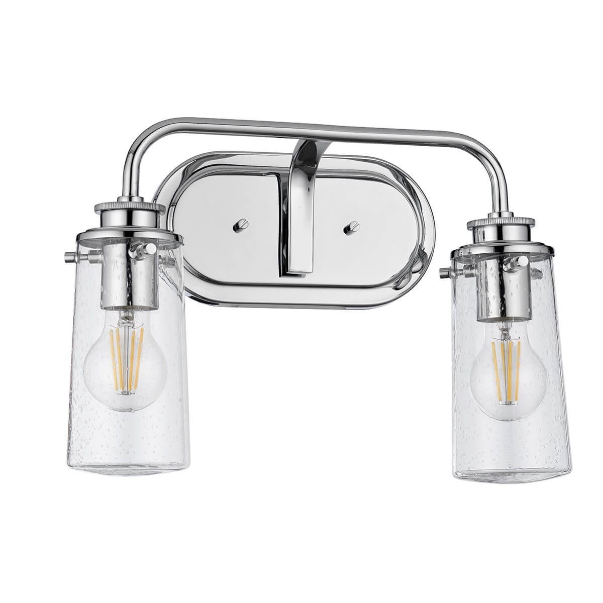 Vue d'ensemble du luminaire avec ses deux ampoules à filament allumées